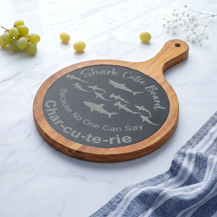 Engraved Shark Cutie Charcuterie Board – Round Bamboo Serving Paddle (“Char-cu-te-rie” Design)
