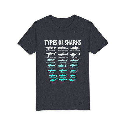Youth Tee - Types of Sharks Graphic Shirt (Kids’ Marine Life Tee)