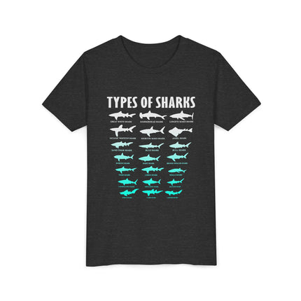 Youth Tee - Types of Sharks Graphic Shirt (Kids’ Marine Life Tee)