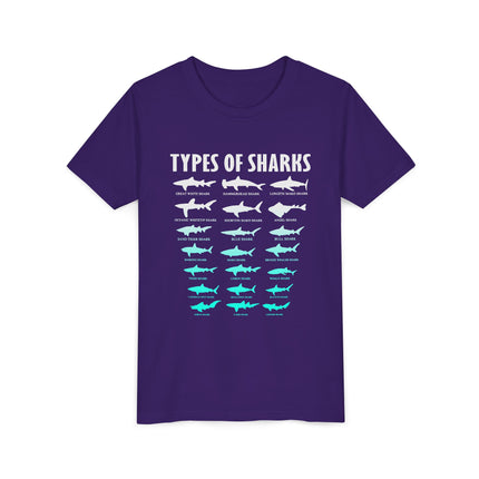 Youth Tee - Types of Sharks Graphic Shirt (Kids’ Marine Life Tee)