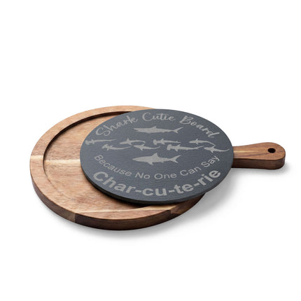 Engraved Shark Cutie Charcuterie Board – Round Bamboo Serving Paddle (“Char-cu-te-rie” Design)