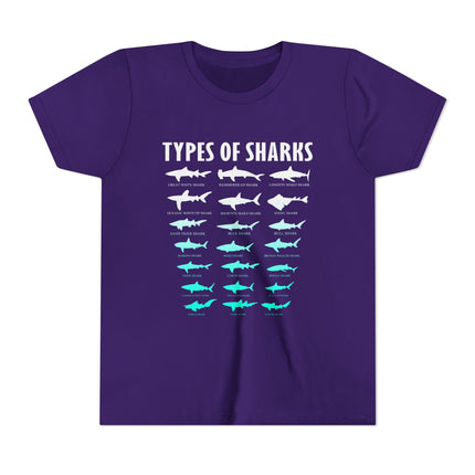 Youth Tee - Types of Sharks Graphic Shirt (Kids’ Marine Life Tee)