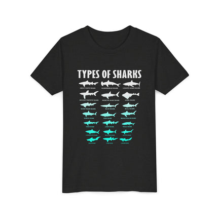 Youth Tee - Types of Sharks Graphic Shirt (Kids’ Marine Life Tee)