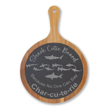 Engraved Shark Cutie Charcuterie Board – Round Bamboo Serving Paddle (“Char-cu-te-rie” Design)