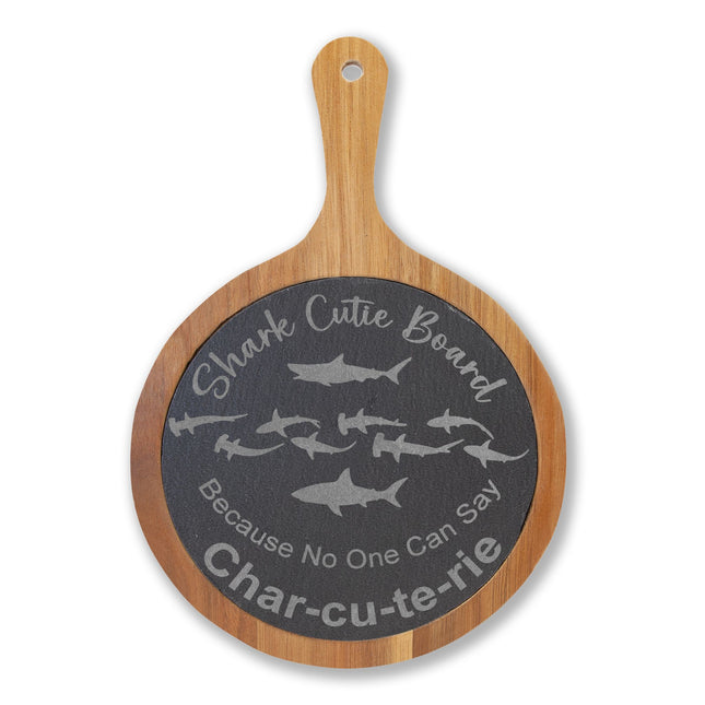 Engraved Shark Cutie Charcuterie Board – Round Bamboo Serving Paddle (“Char-cu-te-rie” Design)