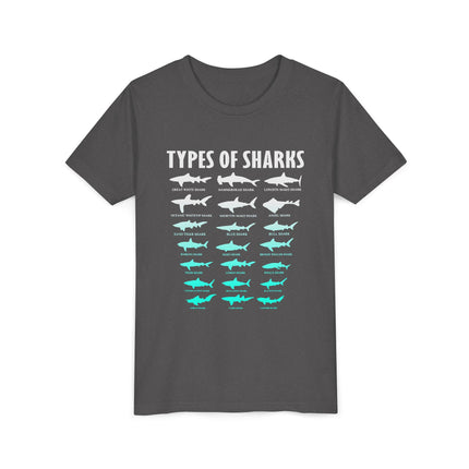 Youth Tee - Types of Sharks Graphic Shirt (Kids’ Marine Life Tee)