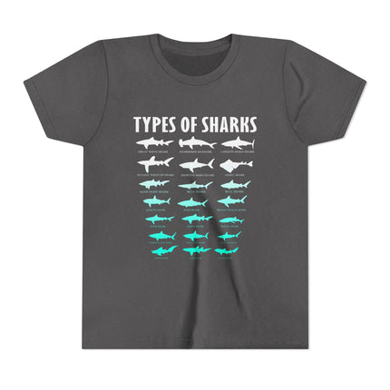 Youth Tee - Types of Sharks Graphic Shirt (Kids’ Marine Life Tee)