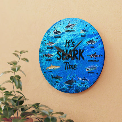 It's Shark Time - Shark Species Acrylic Wall Clock — Ocean Blue Educational Nautical Decor, jagged text option