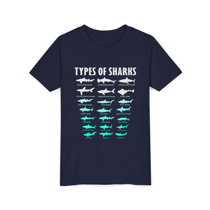 Youth Tee - Types of Sharks Graphic Shirt (Kids’ Marine Life Tee)