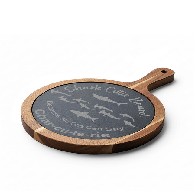 Engraved Shark Cutie Charcuterie Board – Round Bamboo Serving Paddle (“Char-cu-te-rie” Design)