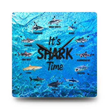 It's Shark Time - Shark Species Acrylic Wall Clock — Ocean Blue Educational Nautical Decor, jagged text option
