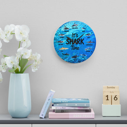 It's Shark Time - Shark Species Acrylic Wall Clock — Ocean Blue Educational Nautical Decor, jagged text option