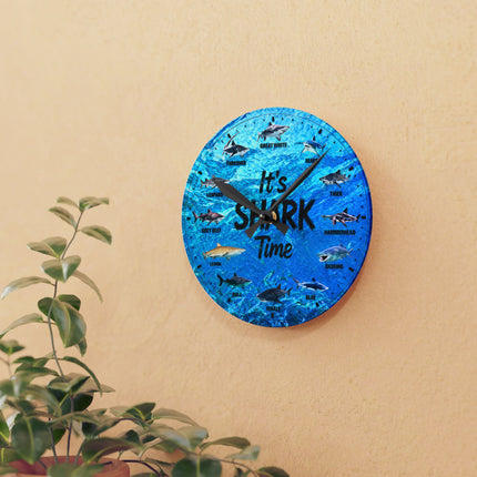 It's Shark Time - Shark Species Acrylic Wall Clock — Ocean Blue Educational Nautical Decor, jagged text option