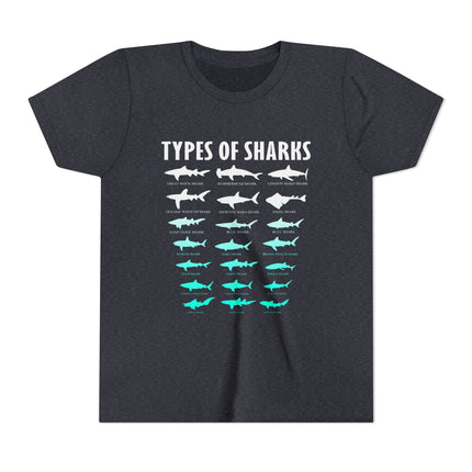 Youth Tee - Types of Sharks Graphic Shirt (Kids’ Marine Life Tee)