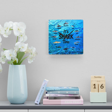 It's Shark Time - Shark Species Acrylic Wall Clock — Ocean Blue Educational Nautical Decor, jagged text option