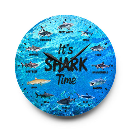 It's Shark Time - Shark Species Acrylic Wall Clock — Ocean Blue Educational Nautical Decor, jagged text option