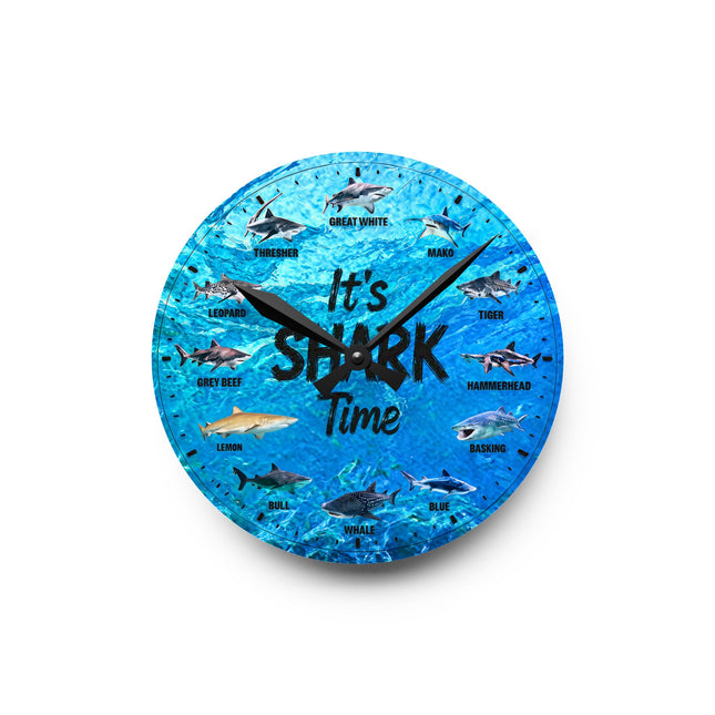 It's Shark Time - Shark Species Acrylic Wall Clock — Ocean Blue Educational Nautical Decor, jagged text option