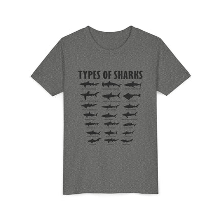 Youth Tee — 'Types of Sharks' Graphic Shark Species T-Shirt for Kids