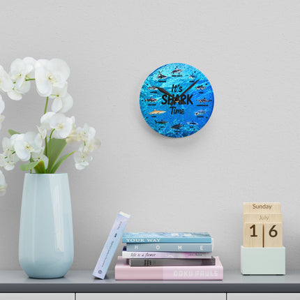 It's Shark Time - Shark Species Acrylic Wall Clock — Ocean Blue Educational Nautical Decor, jagged text option