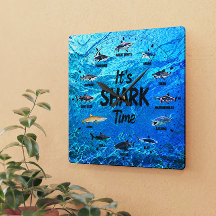 It's Shark Time - Shark Species Acrylic Wall Clock — Ocean Blue Educational Nautical Decor, jagged text option