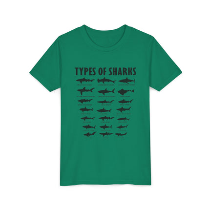 Youth Tee — 'Types of Sharks' Graphic Shark Species T-Shirt for Kids